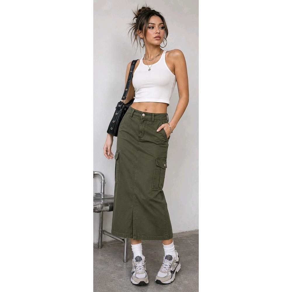 Simple Society Y2K Olive Green Cargo Maxi Skirt Utility Military Streetwear L - Picture 6 of 6